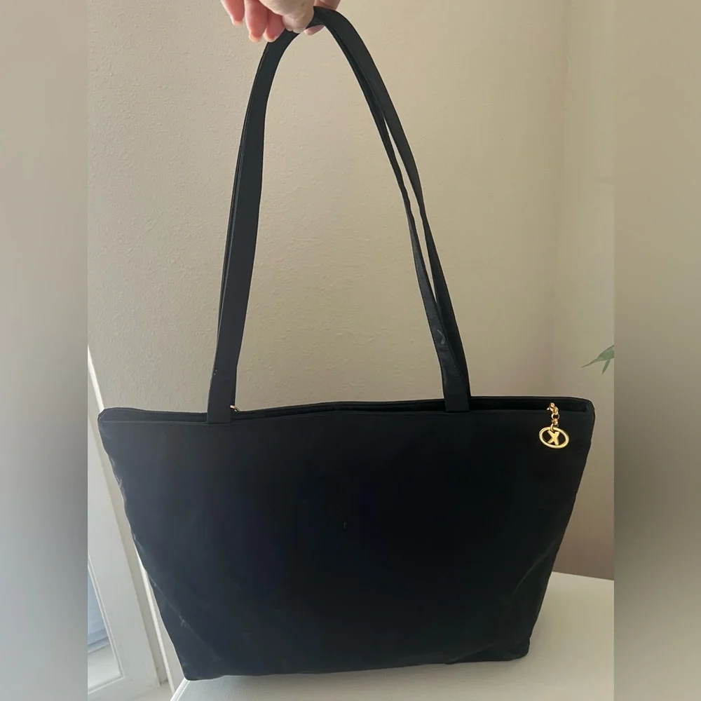 Paloma Picasso | Black Nylon Fabric Travel Work Tote | Gold Bag Charm